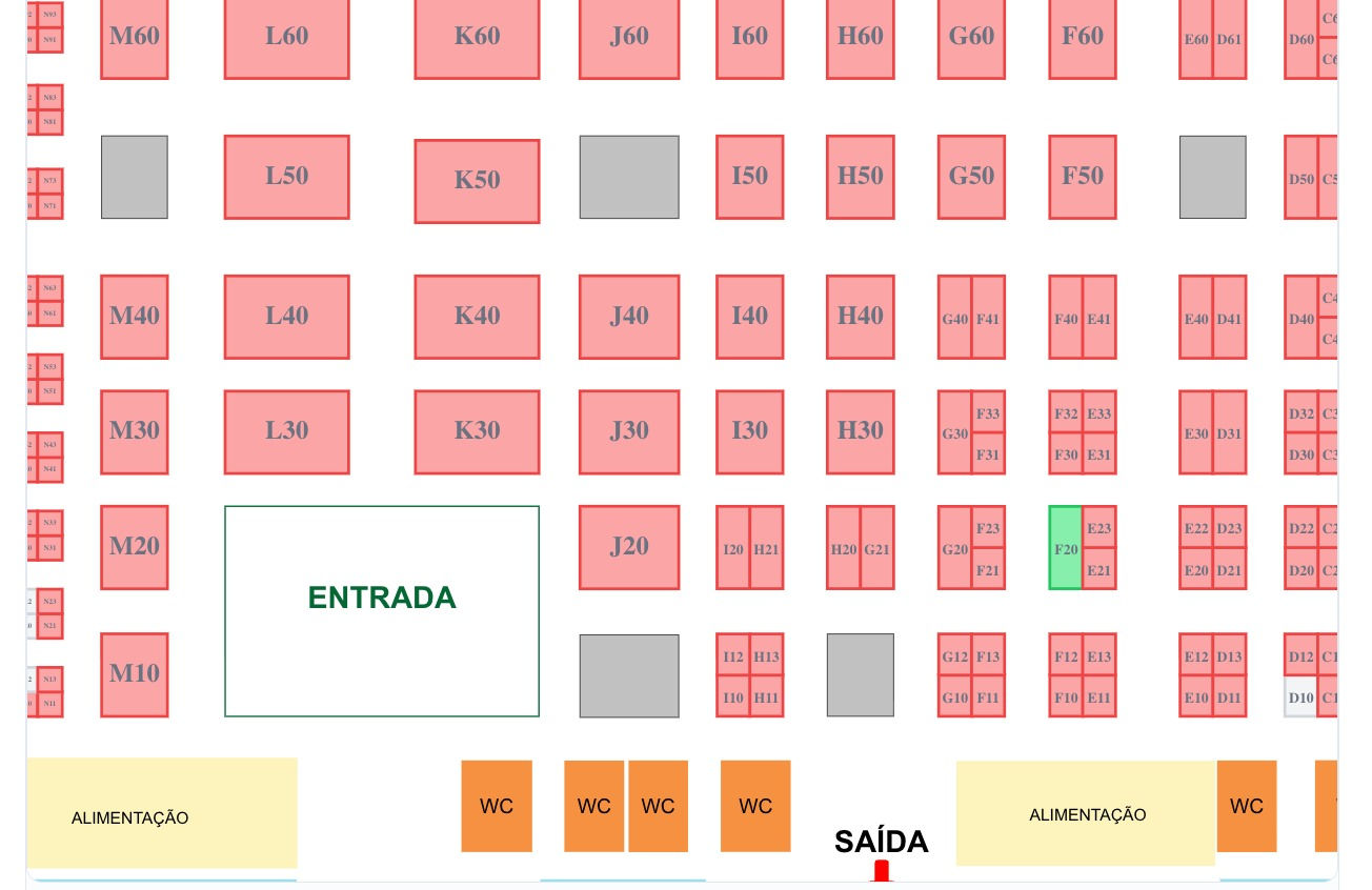 Mapa do Fórum E-commerce Brasil 2026 com o estande F20 destacado em verde